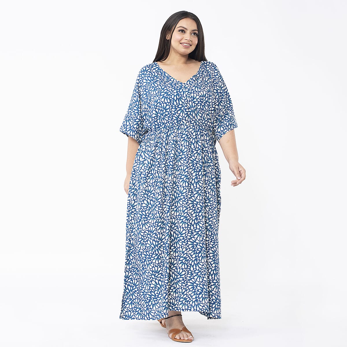 Tamsy Blue Burst Elastic Waist Dress with V-Neck - One Size Missy image number 2