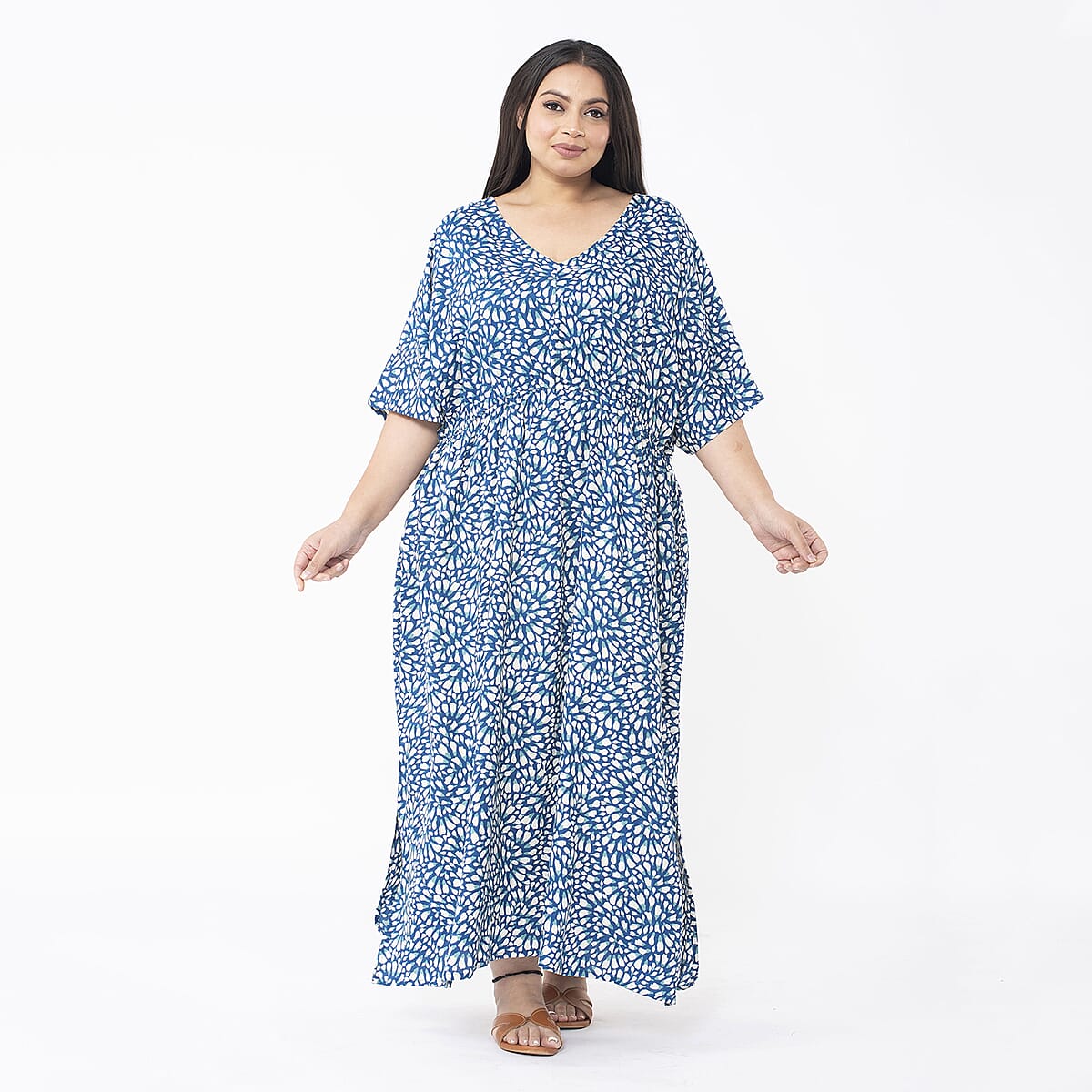 Tamsy Blue Burst Elastic Waist Dress with V-Neck - One Size Missy image number 3
