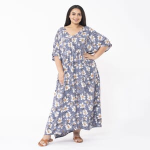 Tamsy Gray Floral Elastic Waist Dress with V-Neck - One Size Plus