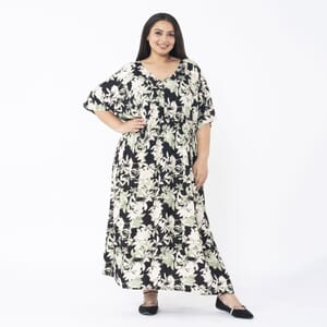 Tamsy Mint Floral Elastic Waist Dress with V-Neck - One Size Plus