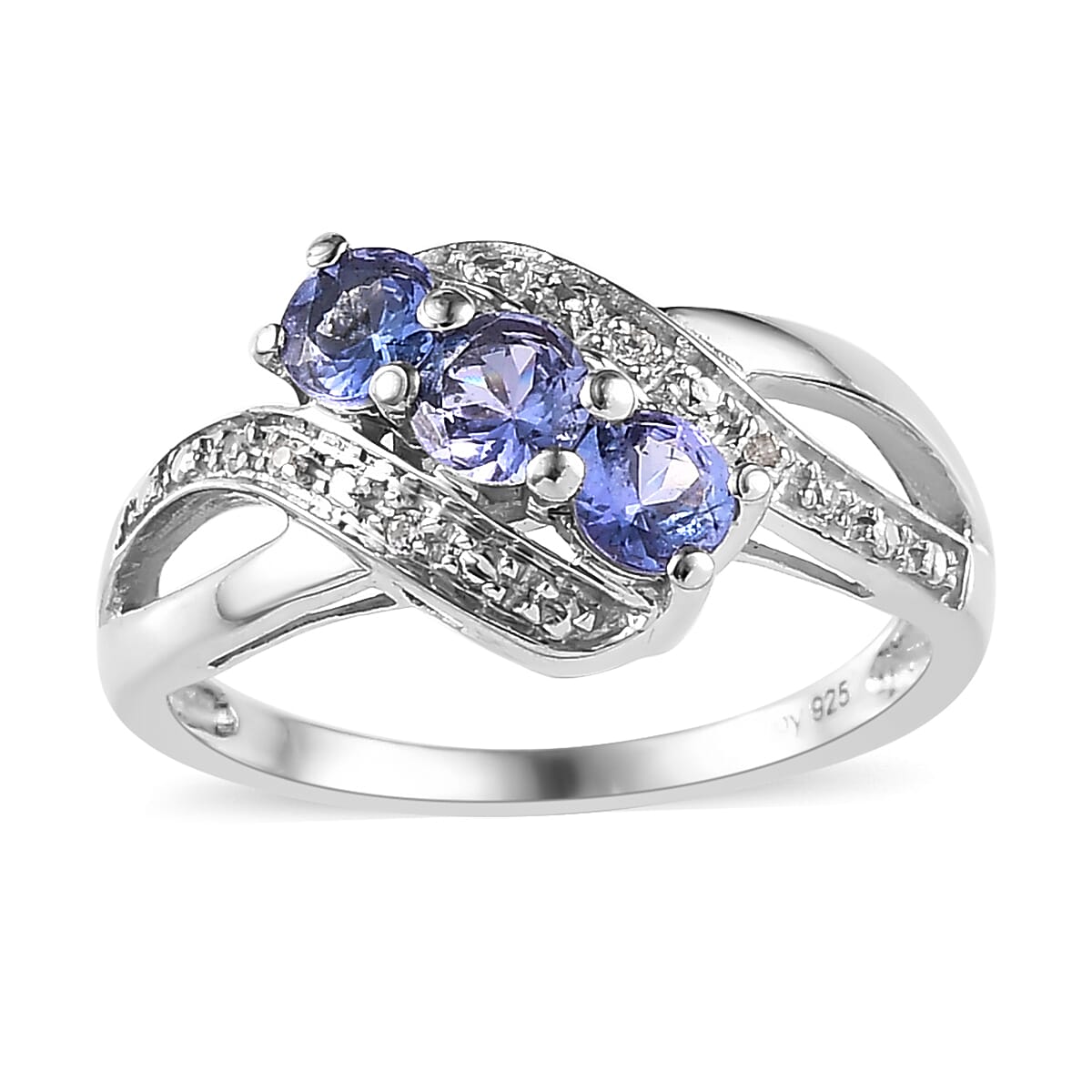Tanzanite and White Zircon Ring in Platinum Over Sterling Silver (Size 10.0) 0.60 ctw