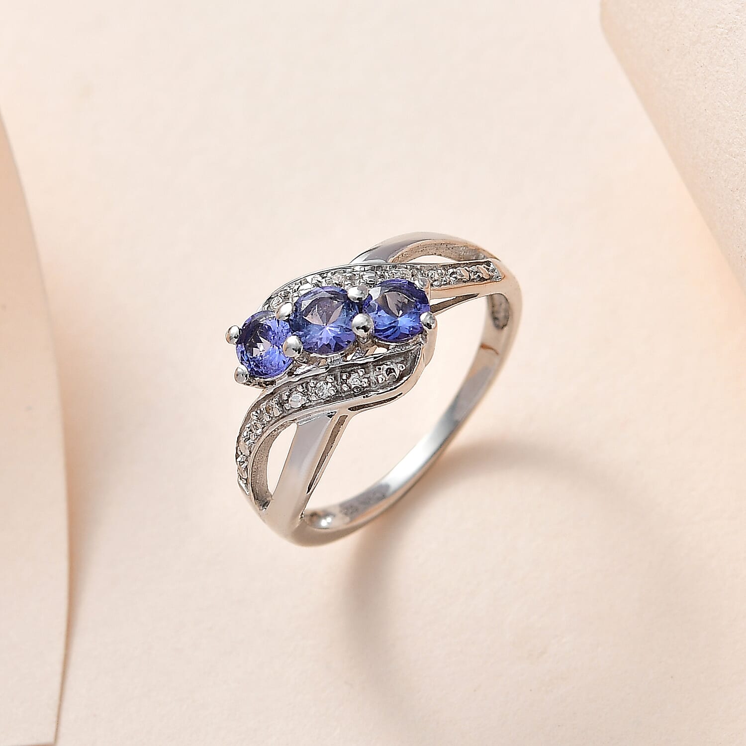 Tanzanite and White Zircon Ring in Platinum Over Sterling Silver (Size 10.0) 0.60 ctw