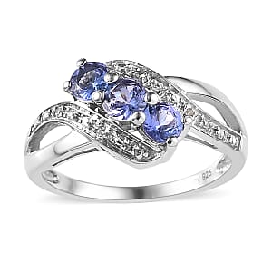 Tanzanite and White Zircon Ring in Platinum Over Sterling Silver (Size 5.0) 0.60 ctw