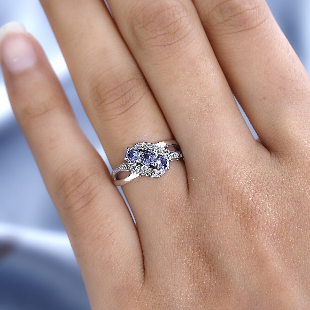 Tanzanite and White Zircon Ring in Platinum Over Sterling Silver (Size 7.0) 0.60 ctw image number 2
