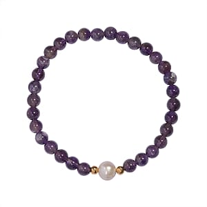 Amethyst and Freshwater Pearl Beaded Stretch Bracelet in 14K YG Over Sterling Silver 55.80 ctw