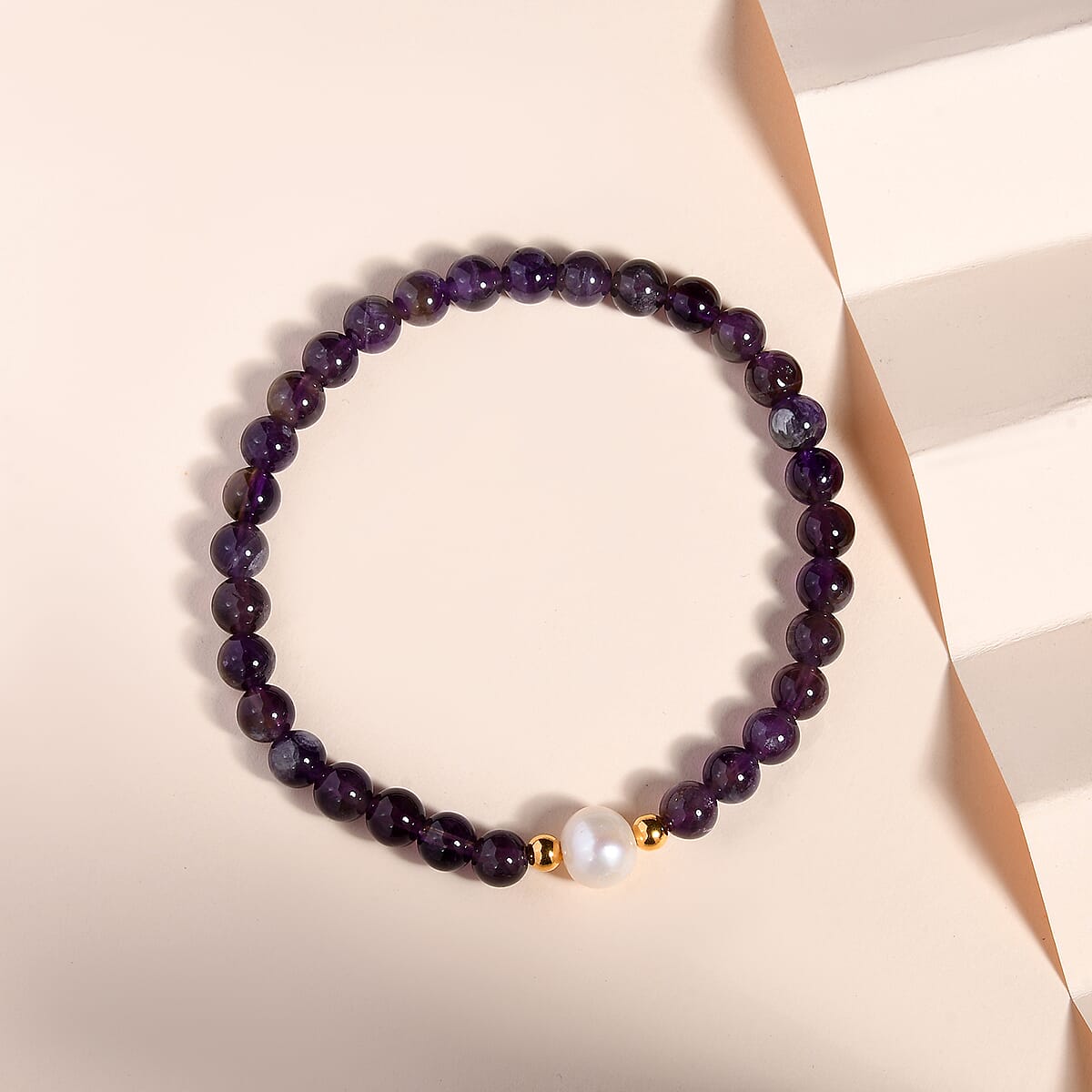 Amethyst and Freshwater Pearl Beaded Stretch Bracelet in 14K YG Over Sterling Silver 55.80 ctw image number 1