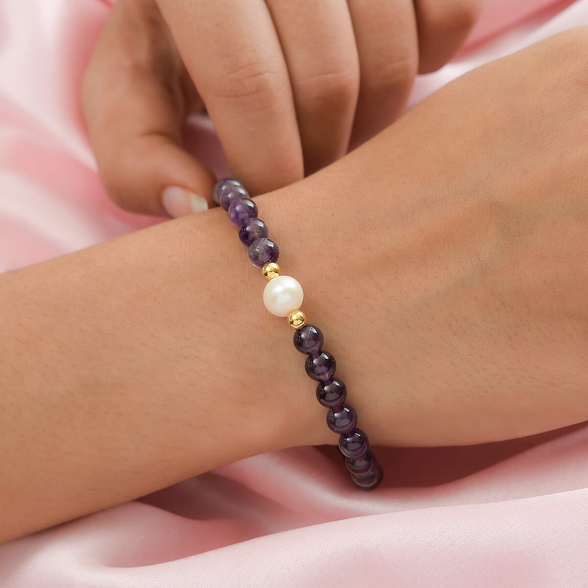 Amethyst and Freshwater Pearl Beaded Stretch Bracelet in 14K YG Over Sterling Silver 55.80 ctw image number 2