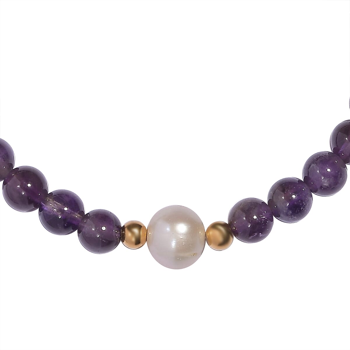 Amethyst and Freshwater Pearl Beaded Stretch Bracelet in 14K YG Over Sterling Silver 55.80 ctw image number 3