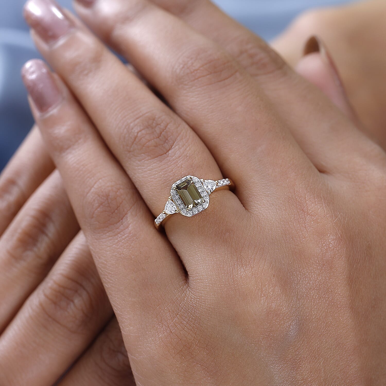 Golden Tanzanite and Moissanite Halo Ring in Vermeil YG Over Sterling Silver (Size 10.0) 0.90 ctw