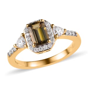 Golden Tanzanite and Moissanite Halo Ring in Vermeil YG Over Sterling Silver (Size 7.0) 0.90 ctw