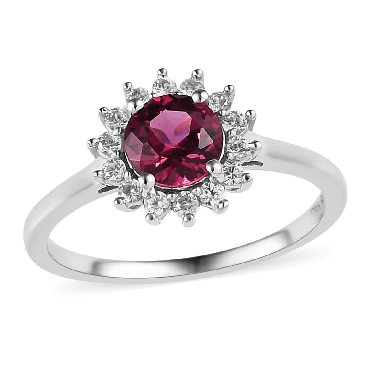 Tanzanian Rhodolite Garnet and White Zircon Sunburst Ring in Platinum Over Sterling Silver 1.40 ctw image number 0