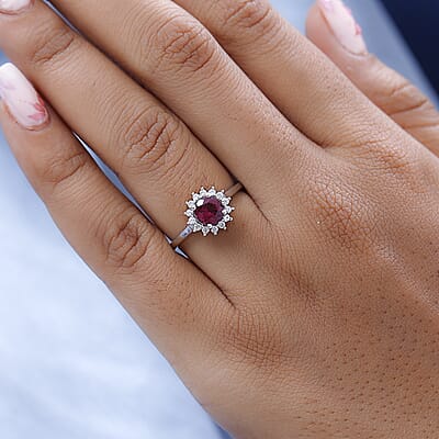Tanzanian Rhodolite Garnet and White Zircon Sunburst Ring in Platinum Over Sterling Silver (Size 10.0) 1.40 ctw