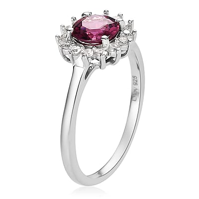 Tanzanian Rhodolite Garnet and White Zircon Sunburst Ring in Platinum Over Sterling Silver (Size 10.0) 1.40 ctw