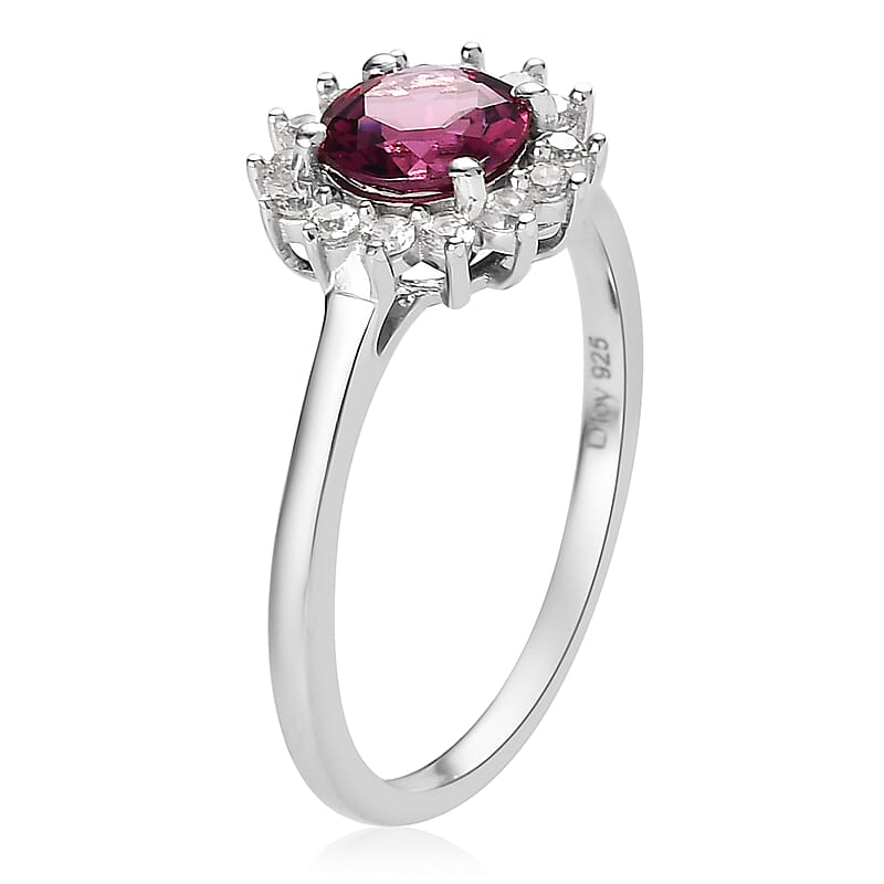 Tanzanian Rhodolite Garnet and White Zircon Sunburst Ring in Platinum Over Sterling Silver (Size 10.0) 1.40 ctw