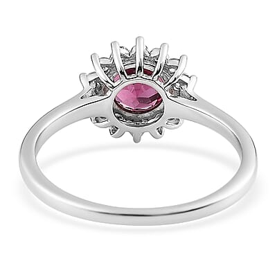 Tanzanian Rhodolite Garnet and White Zircon Sunburst Ring in Platinum Over Sterling Silver (Size 10.0) 1.40 ctw