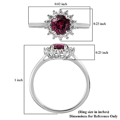 Tanzanian Rhodolite Garnet and White Zircon Sunburst Ring in Platinum Over Sterling Silver (Size 10.0) 1.40 ctw