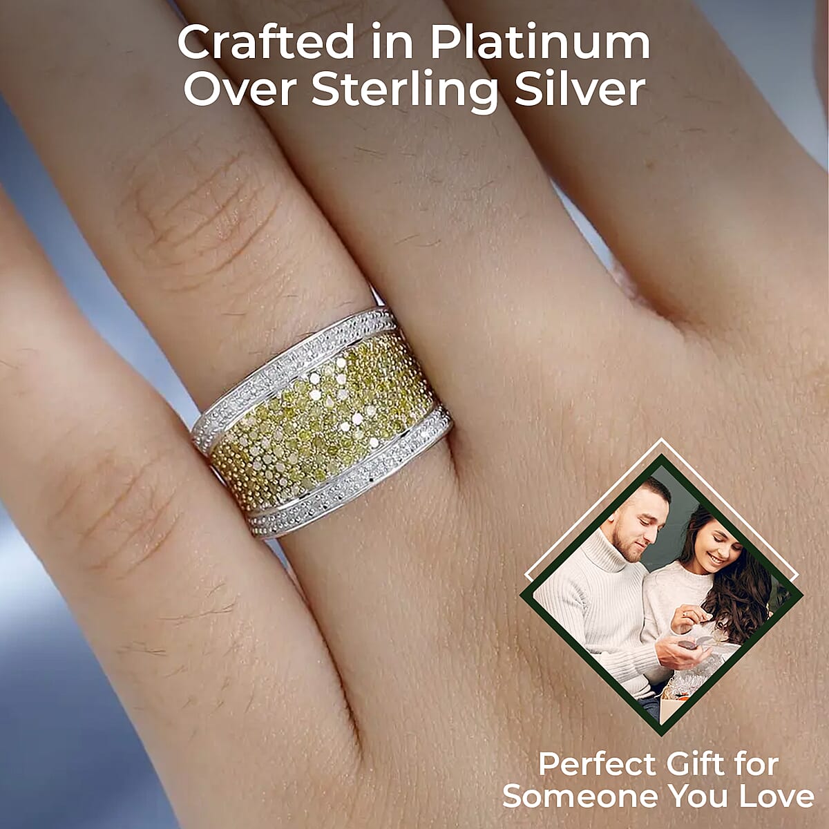 Yellow Diamond Ring, Diamond Cluster Ring, Rhodium and Platinum Over Sterling Silver Ring, Diamond Promise Ring 1.00 ctw (Size 10) image number 2