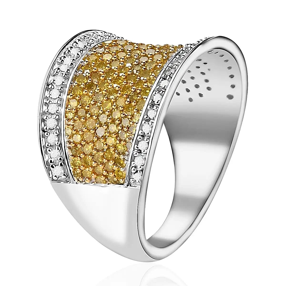 Yellow Diamond Ring, Diamond Cluster Ring, Rhodium and Platinum Over Sterling Silver Ring, Diamond Promise Ring 1.00 ctw (Size 10) image number 4