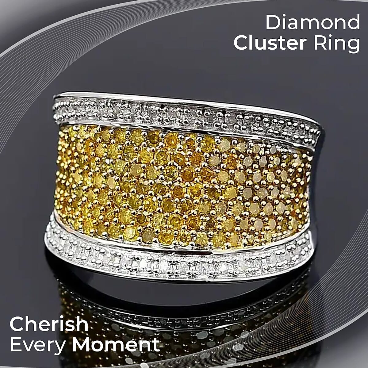 Yellow Diamond Ring, Diamond Cluster Ring, Rhodium and Platinum Over Sterling Silver Ring, Diamond Promise Ring 1.00 ctw (Size 8) image number 1