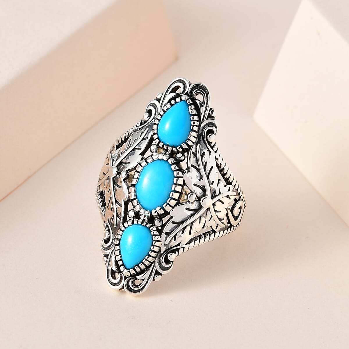 Artisan Crafted Premium Sleeping Beauty Turquoise 3 Stone Ring in Sterling Silver (Size 10.0) (Del. in 3-5 Days) 2.15 ctw image number 1