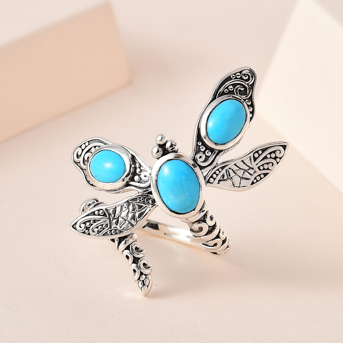 Artisan Crafted Premium Sleeping Beauty Turquoise Dragonfly Ring in Sterling Silver (Size 6.0) (Del. in 3-5 Days) 2.60 ctw image number 1