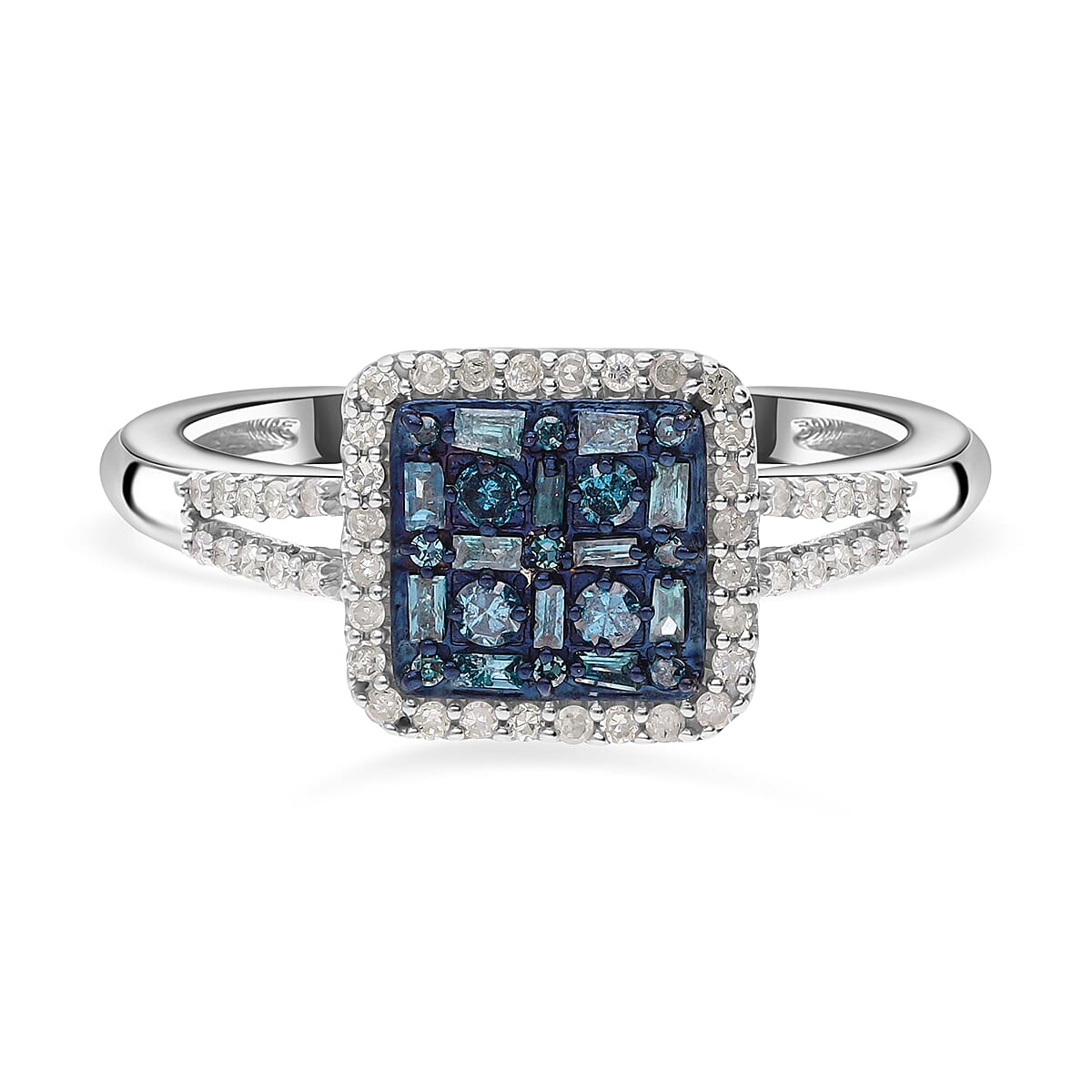 Blue and White Diamond 0.50 ctw Ring in Platinum Over Sterling Silver (Size 10.0)