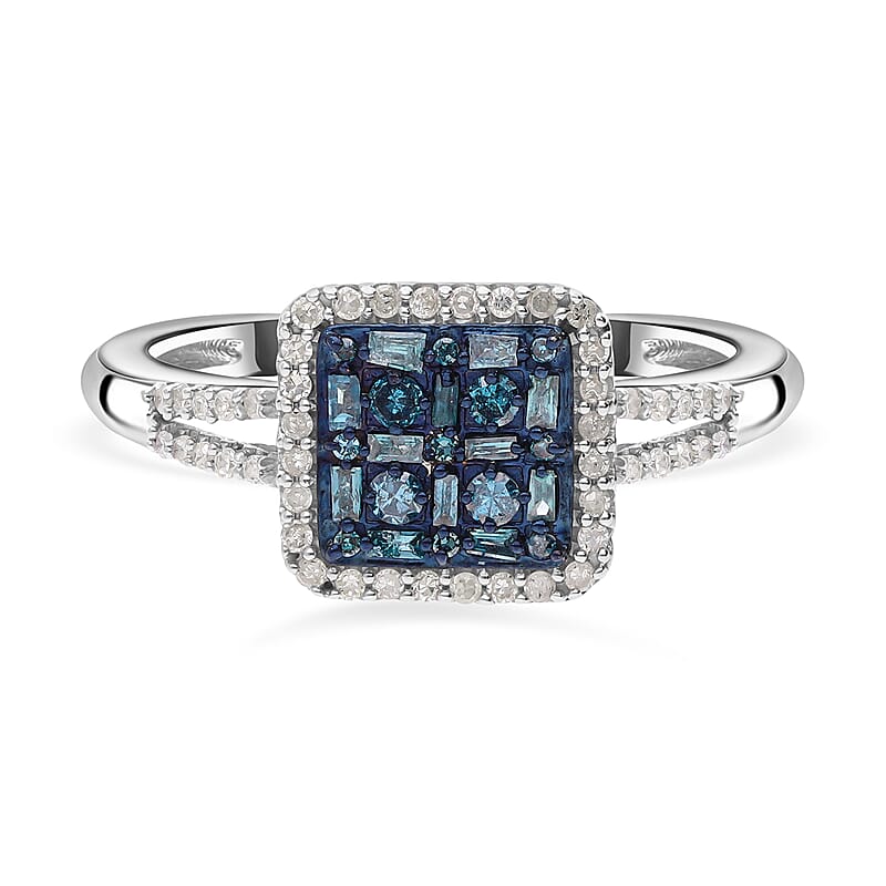 Blue and White Diamond 0.50 ctw Ring in Platinum Over Sterling Silver (Size 10.0)