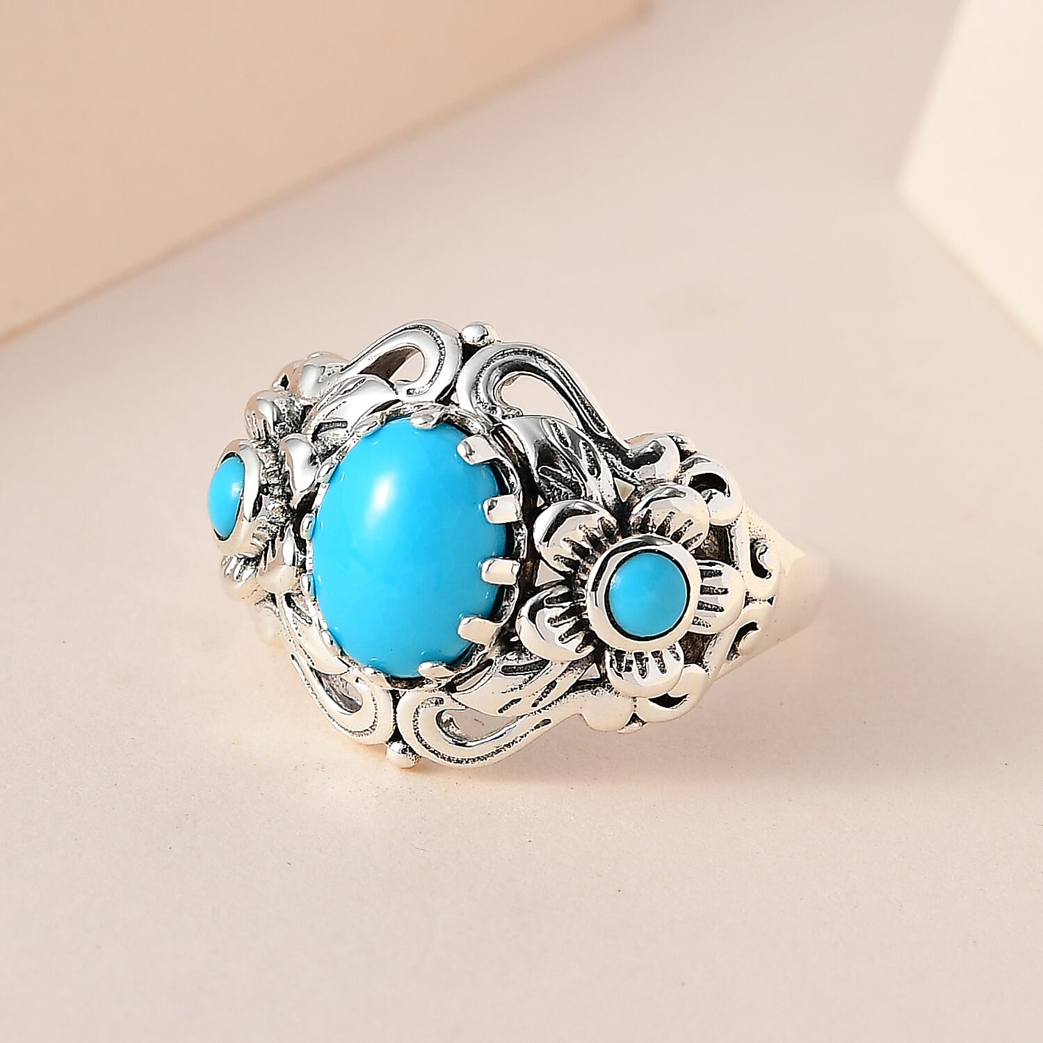 Artisan Crafted Premium Sleeping Beauty Turquoise Floral Ring in Sterling Silver (Size 10.0) 1.75 ctw