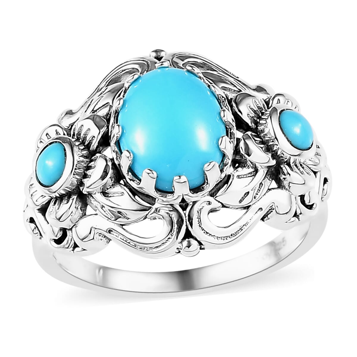 Artisan Crafted Premium Sleeping Beauty Turquoise Floral Ring in Sterling Silver (Size 7.0) 1.75 ctw image number 0
