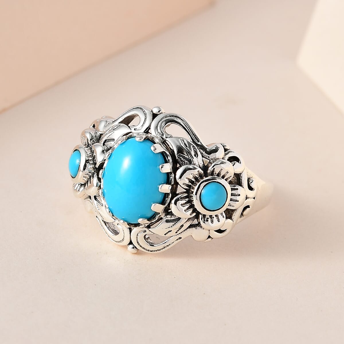 Artisan Crafted Premium Sleeping Beauty Turquoise Floral Ring in Sterling Silver (Size 7.0) 1.75 ctw image number 1