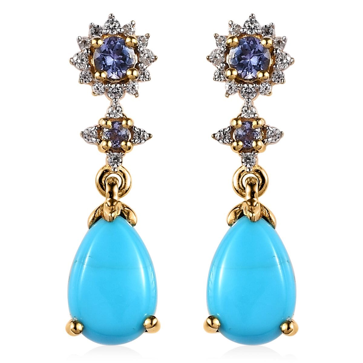 Premium Sleeping Beauty Turquoise and Multi Gemstone Dangling Earrings in Vermeil Yellow Gold Over Sterling Silver 3.10 ctw image number 0
