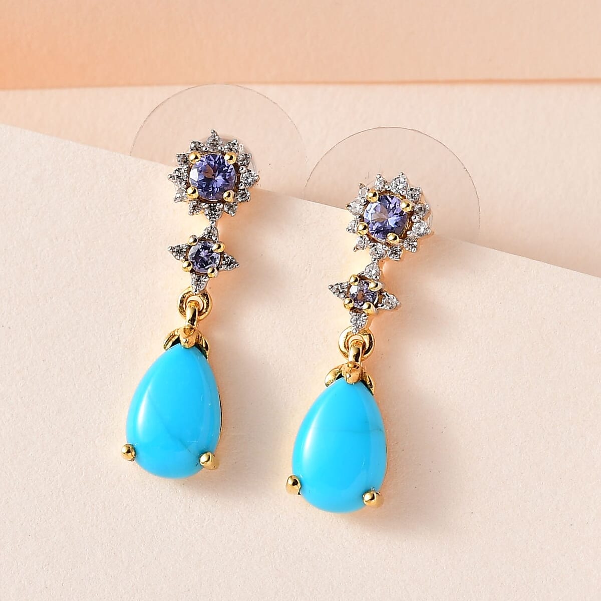 Premium Sleeping Beauty Turquoise and Multi Gemstone Dangling Earrings in Vermeil Yellow Gold Over Sterling Silver 3.10 ctw image number 1