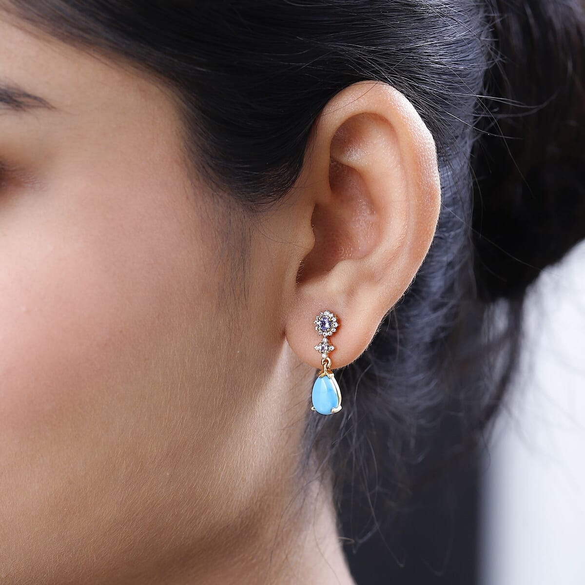 Premium Sleeping Beauty Turquoise and Multi Gemstone Dangling Earrings in Vermeil Yellow Gold Over Sterling Silver 3.10 ctw image number 2