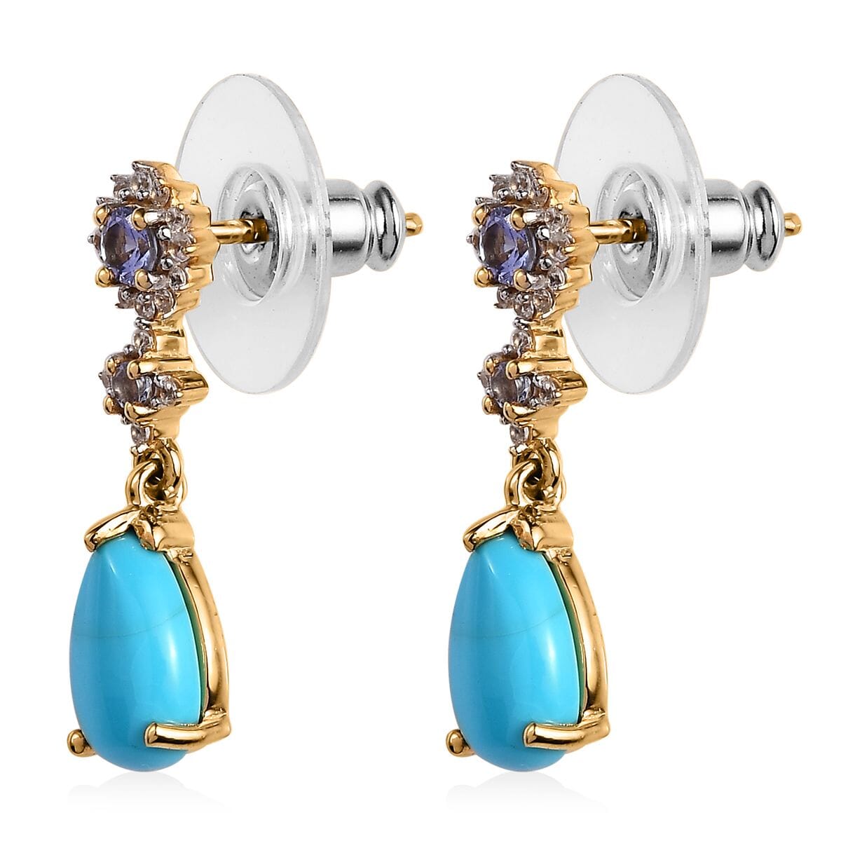 Premium Sleeping Beauty Turquoise and Multi Gemstone Dangling Earrings in Vermeil Yellow Gold Over Sterling Silver 3.10 ctw image number 3