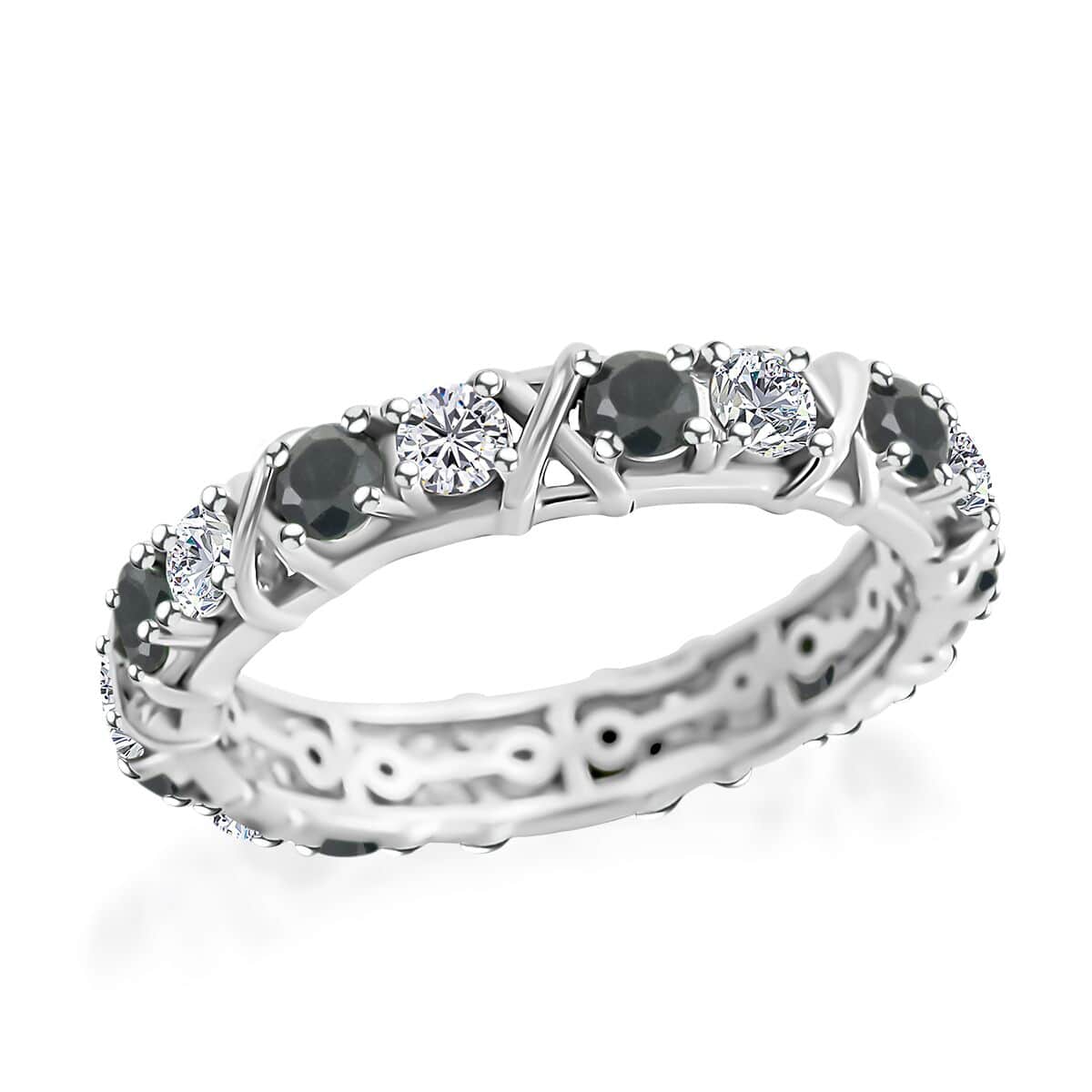 Blue Sapphire and Moissanite XO Band Ring in Platinum Over Sterling Silver (Size 10.0) 1.65 ctw image number 0