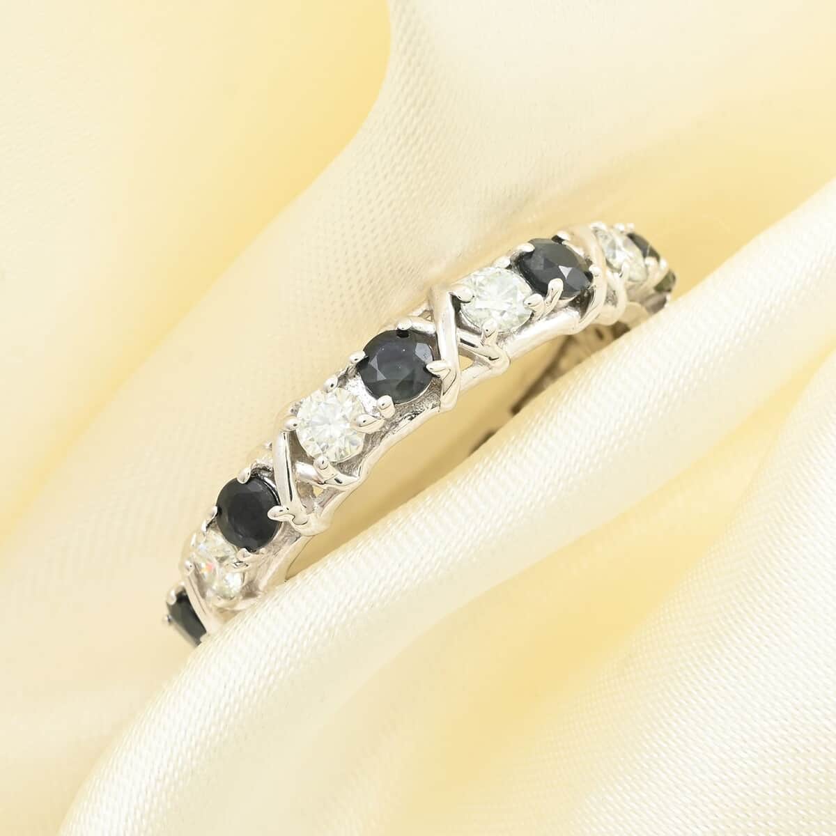 Blue Sapphire and Moissanite XO Band Ring in Platinum Over Sterling Silver (Size 10.0) 1.65 ctw image number 1
