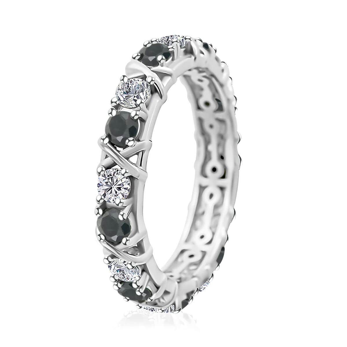 Blue Sapphire and Moissanite XO Band Ring in Platinum Over Sterling Silver (Size 10.0) 1.65 ctw image number 3