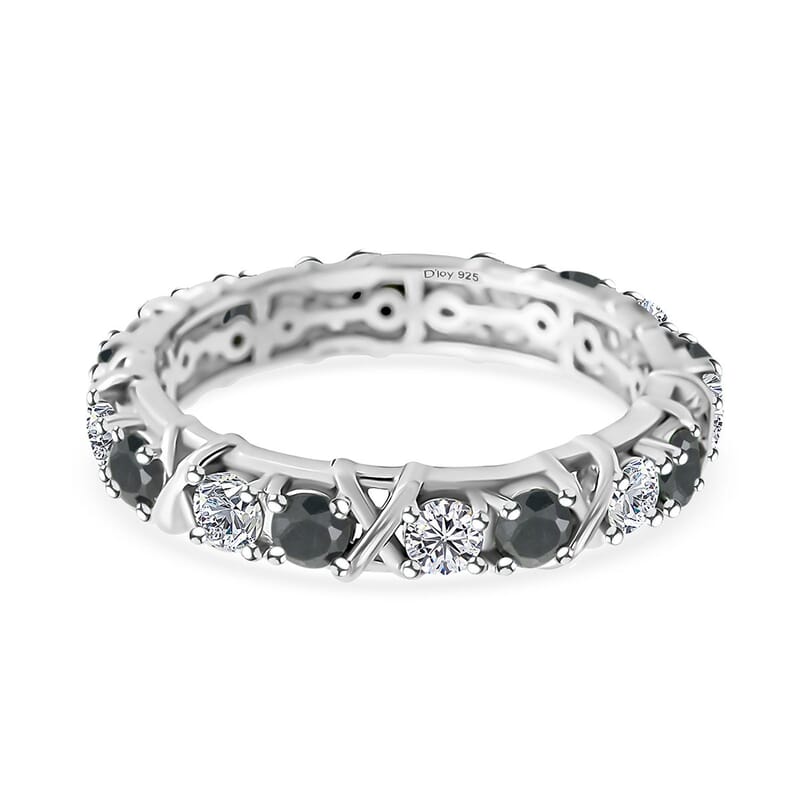 Blue Sapphire and Moissanite XO Band Ring in Platinum Over Sterling Silver (Size 10.0) 1.65 ctw