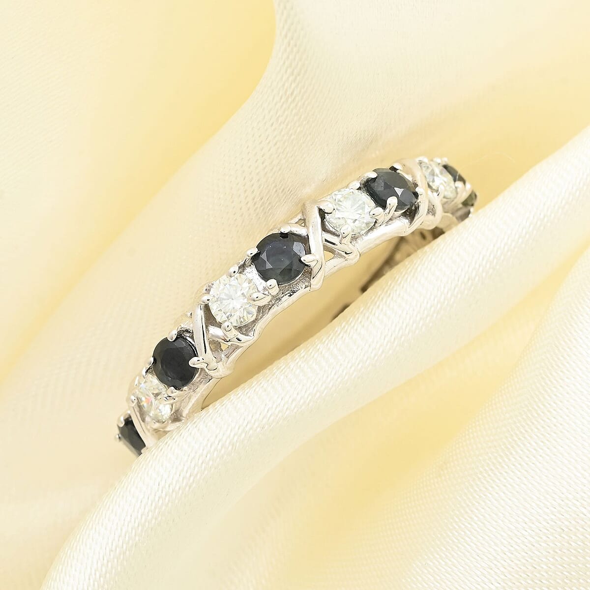 Blue Sapphire and Moissanite XO Band Ring in Platinum Over Sterling Silver (Size 5.0) 1.65 ctw image number 1