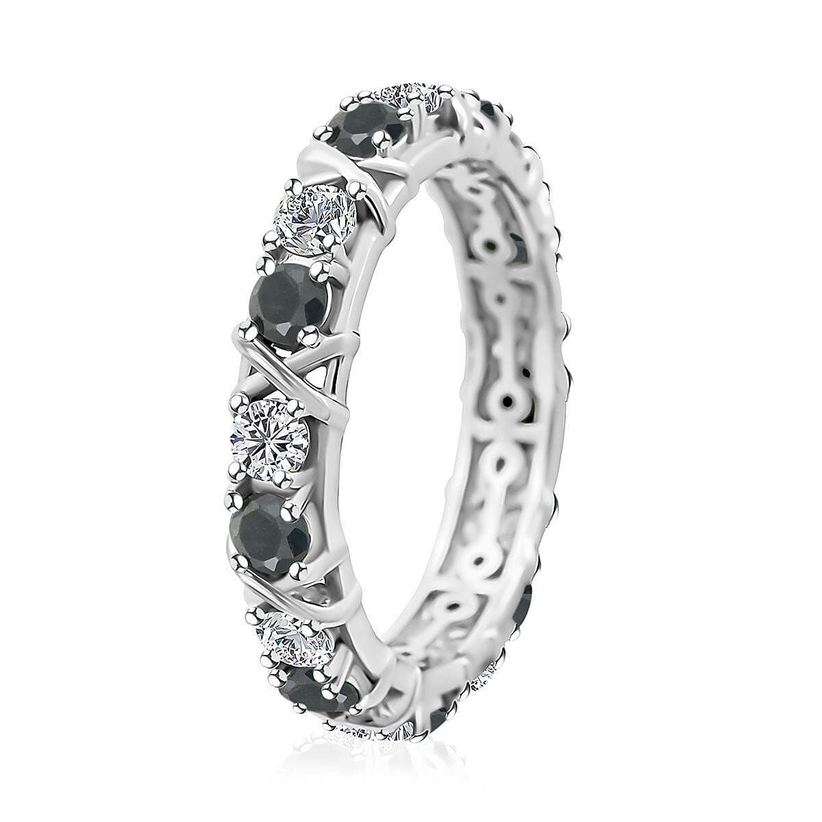 Blue Sapphire and Moissanite XO Band Ring in Platinum Over Sterling Silver (Size 5.0) 1.65 ctw image number 3