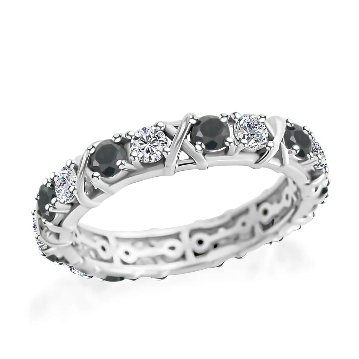 Blue Sapphire and Moissanite XO Band Ring in Platinum Over Sterling Silver (Size 6.0) 1.65 ctw image number 0