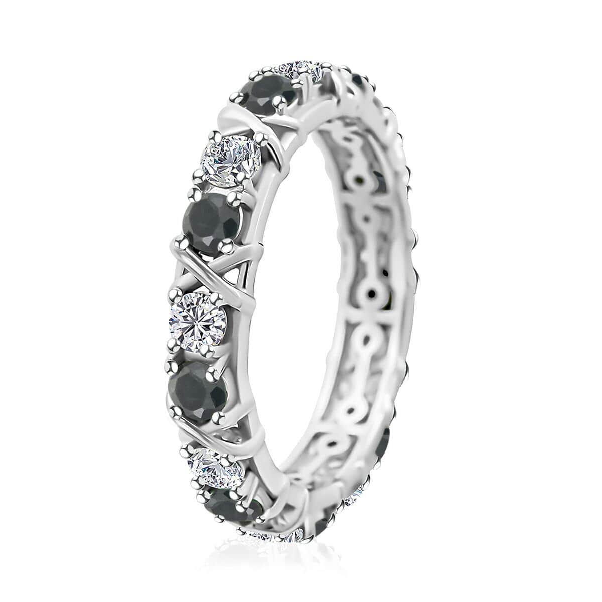 Blue Sapphire and Moissanite XO Band Ring in Platinum Over Sterling Silver (Size 6.0) 1.65 ctw image number 3