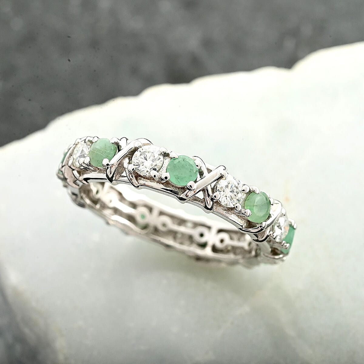Emerald and Moissanite XO Band Ring in Vermeil YG and Platinum Over Sterling Silver (Size 7.0) 1.65 ctw image number 1