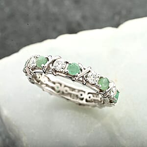 Emerald and Moissanite XO Band Ring in Vermeil YG and Platinum Over Sterling Silver (Size 7.0) 1.65 ctw