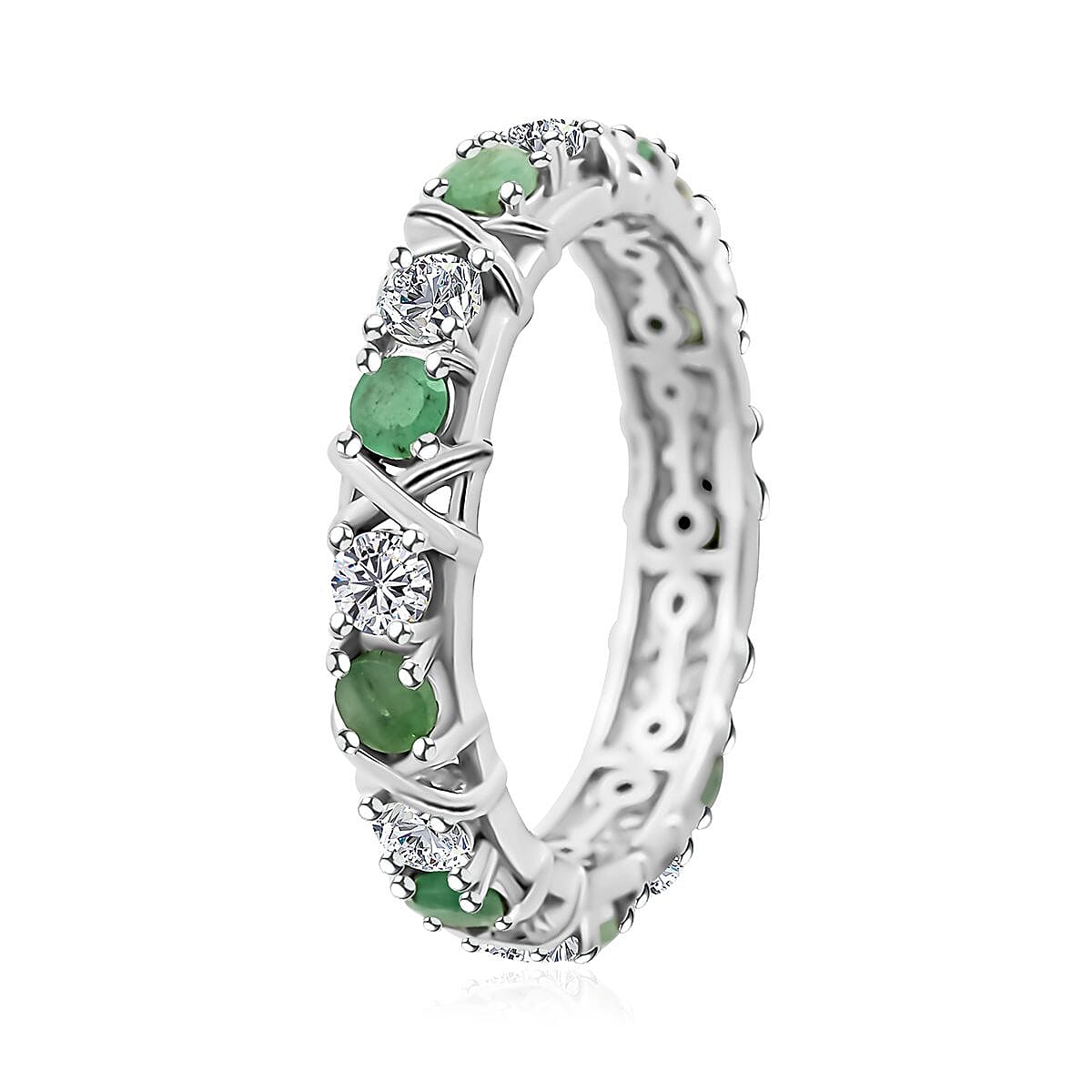 Emerald and Moissanite XO Band Ring in Vermeil YG and Platinum Over Sterling Silver (Size 7.0) 1.65 ctw image number 3