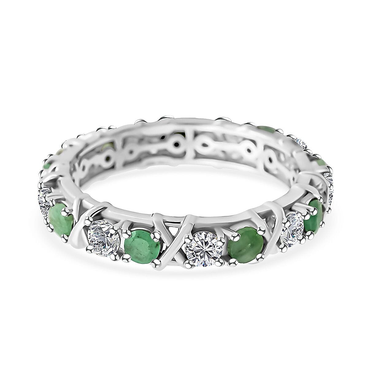 Emerald and Moissanite XO Band Ring in Vermeil YG and Platinum Over Sterling Silver (Size 7.0) 1.65 ctw image number 4