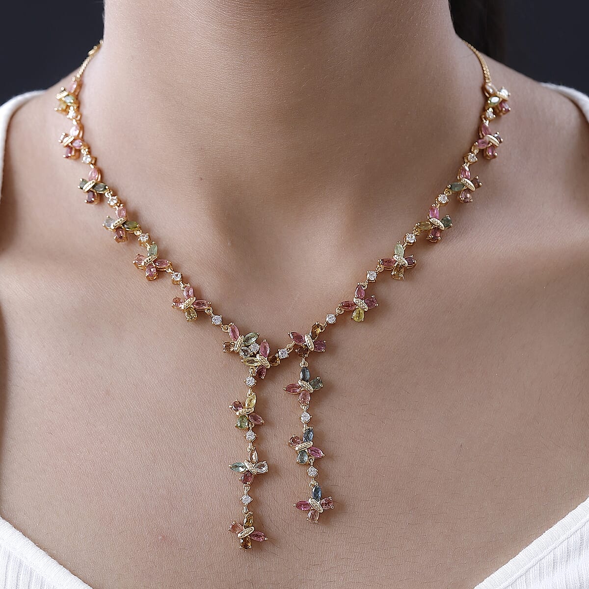 GP Trionfo Collection Premium Multi-Tourmaline and White Zircon Necklace 18 Inches in Vermeil Yellow Gold Over Sterling Silver 14.80 ctw image number 2