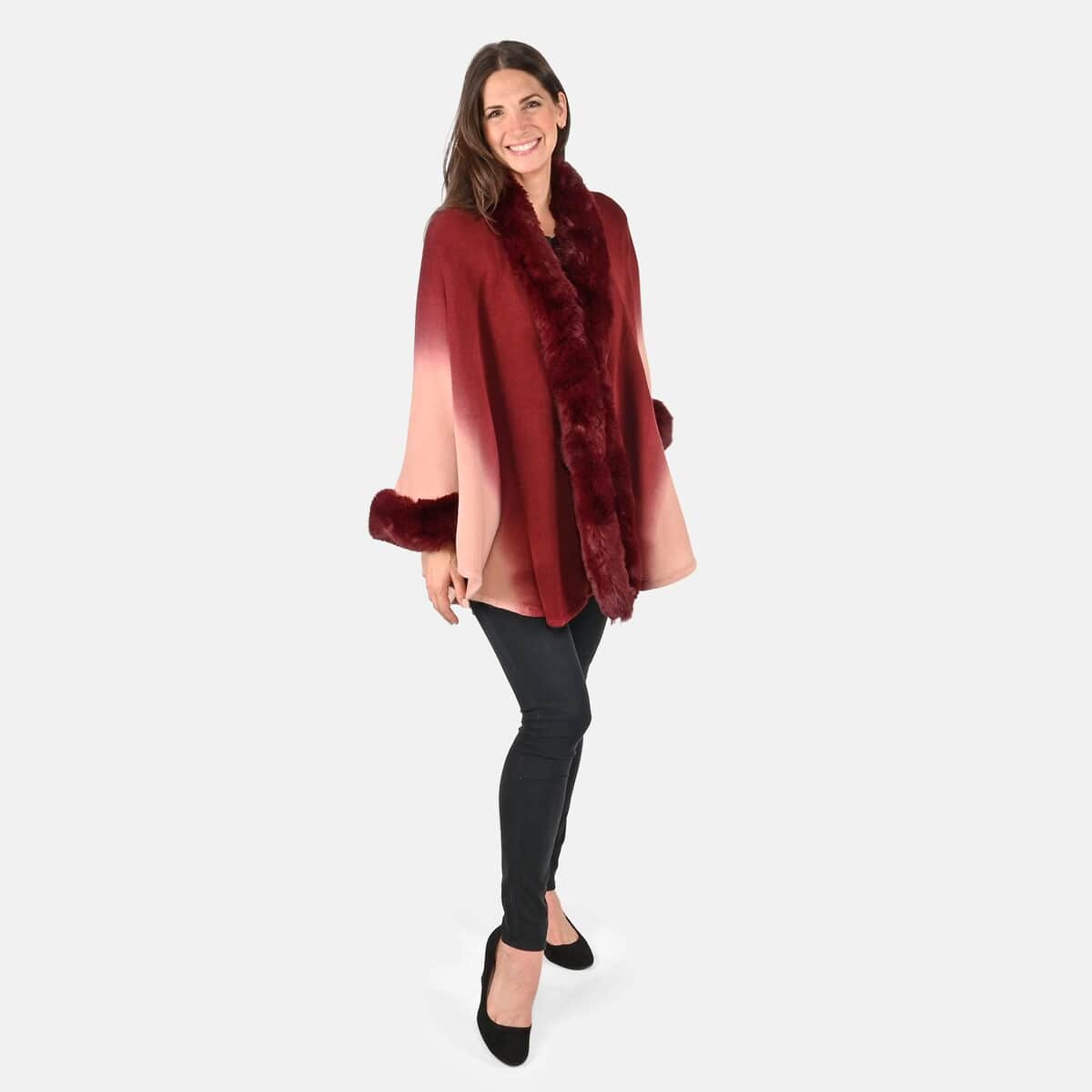 Tamsy Burgundy Ombre Cape with Faux Fur Trim - One Size Fits Most image number 0