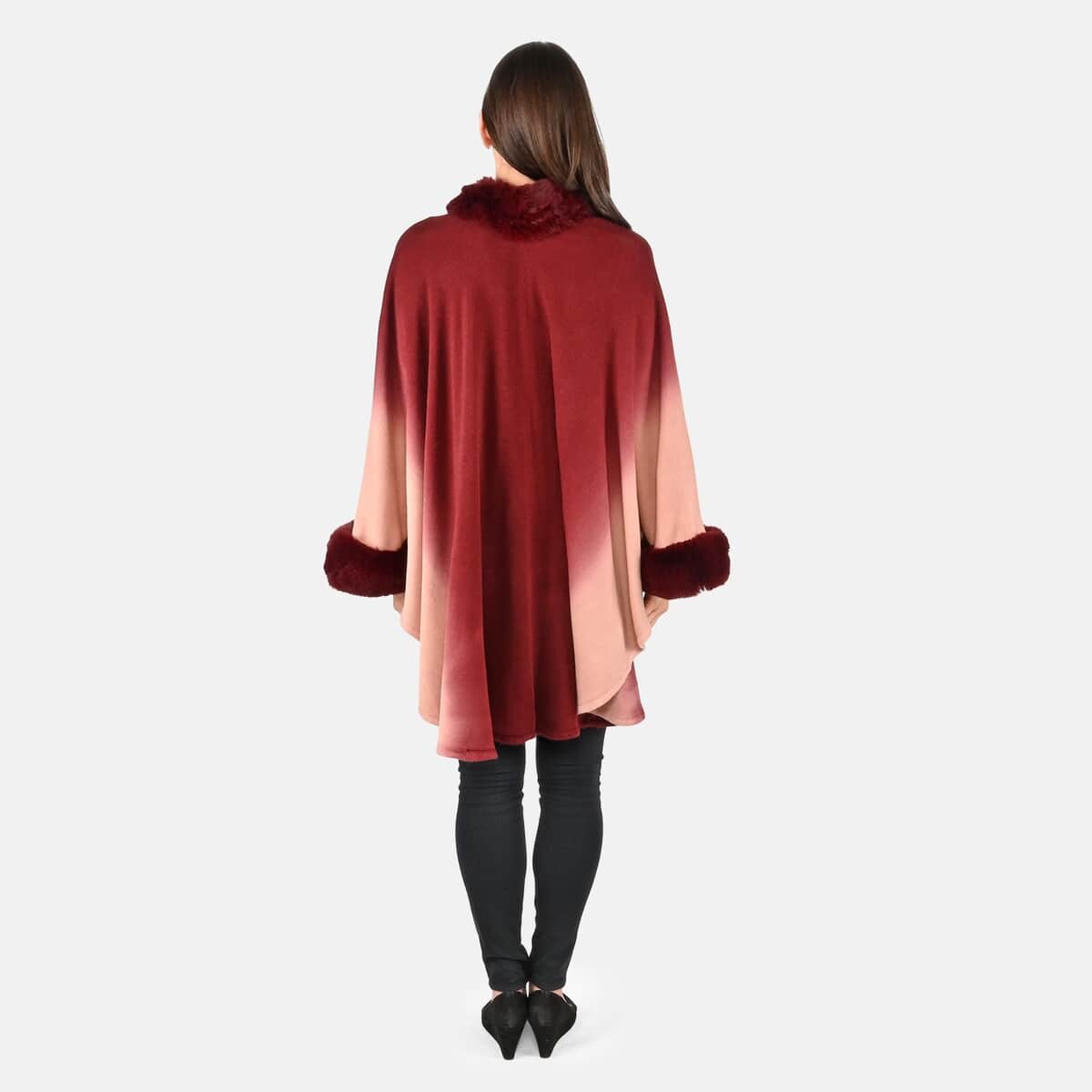 Tamsy Burgundy Ombre Cape with Faux Fur Trim - One Size Fits Most image number 1