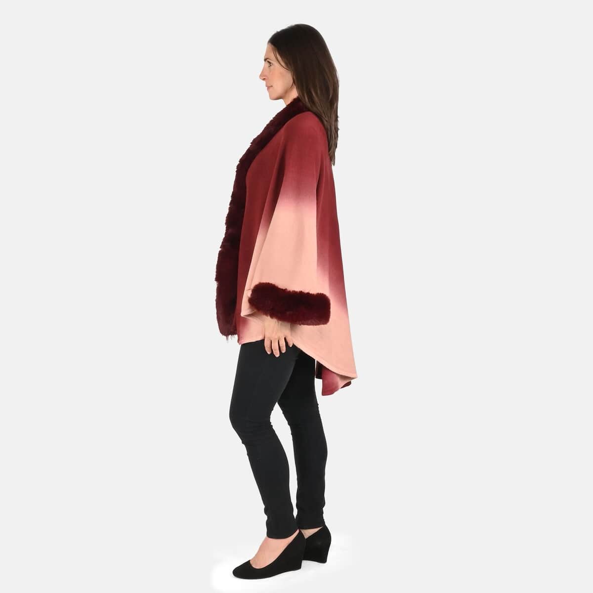Tamsy Burgundy Ombre Cape with Faux Fur Trim - One Size Fits Most image number 2